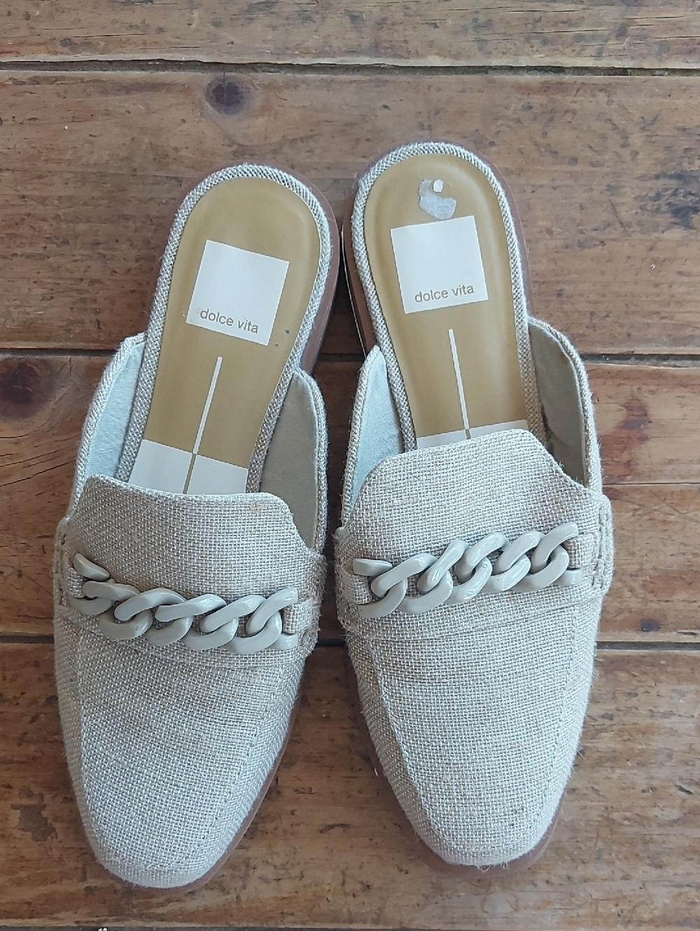Dolce Vita Natural Beige Chain-Trim Slip-On Mules - Picture 1 of 7
